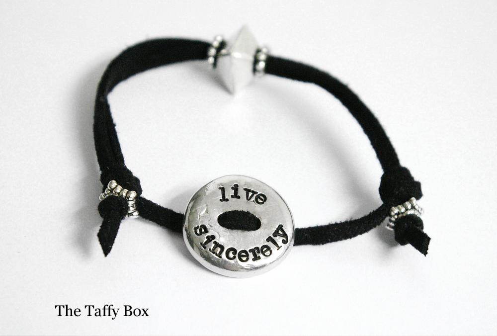 Live Sincerely Pewter Leather Slide Bracelet - Hand Stamped