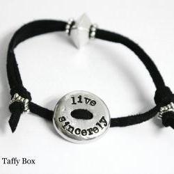 Live Sincerely Pewter Leather Slide Bracelet - Hand Stamped